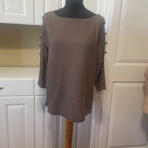 LULU B Women's Med Gauzy Cotton Tunic Top 3/4 Cutout Loop Sleeve Brown Solid